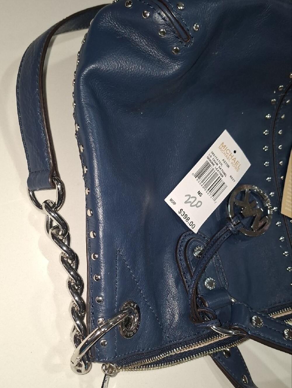 Michael Kors Navy Leather Studded Shoulder Bag with Silver Chain Never Used - Picture 5 of 7